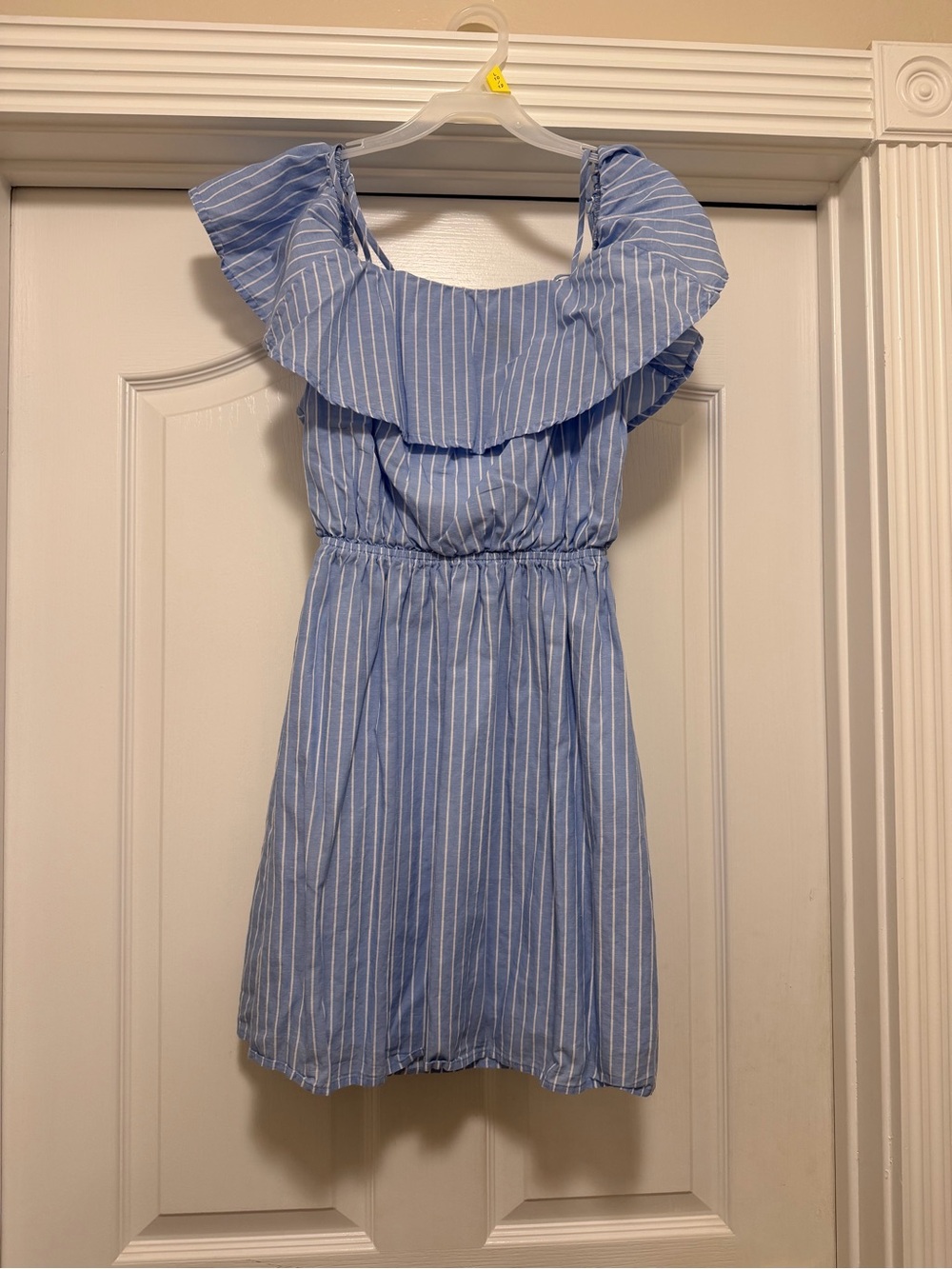 Blue Stripe Ruffle Off-Shoulder Kids Dress